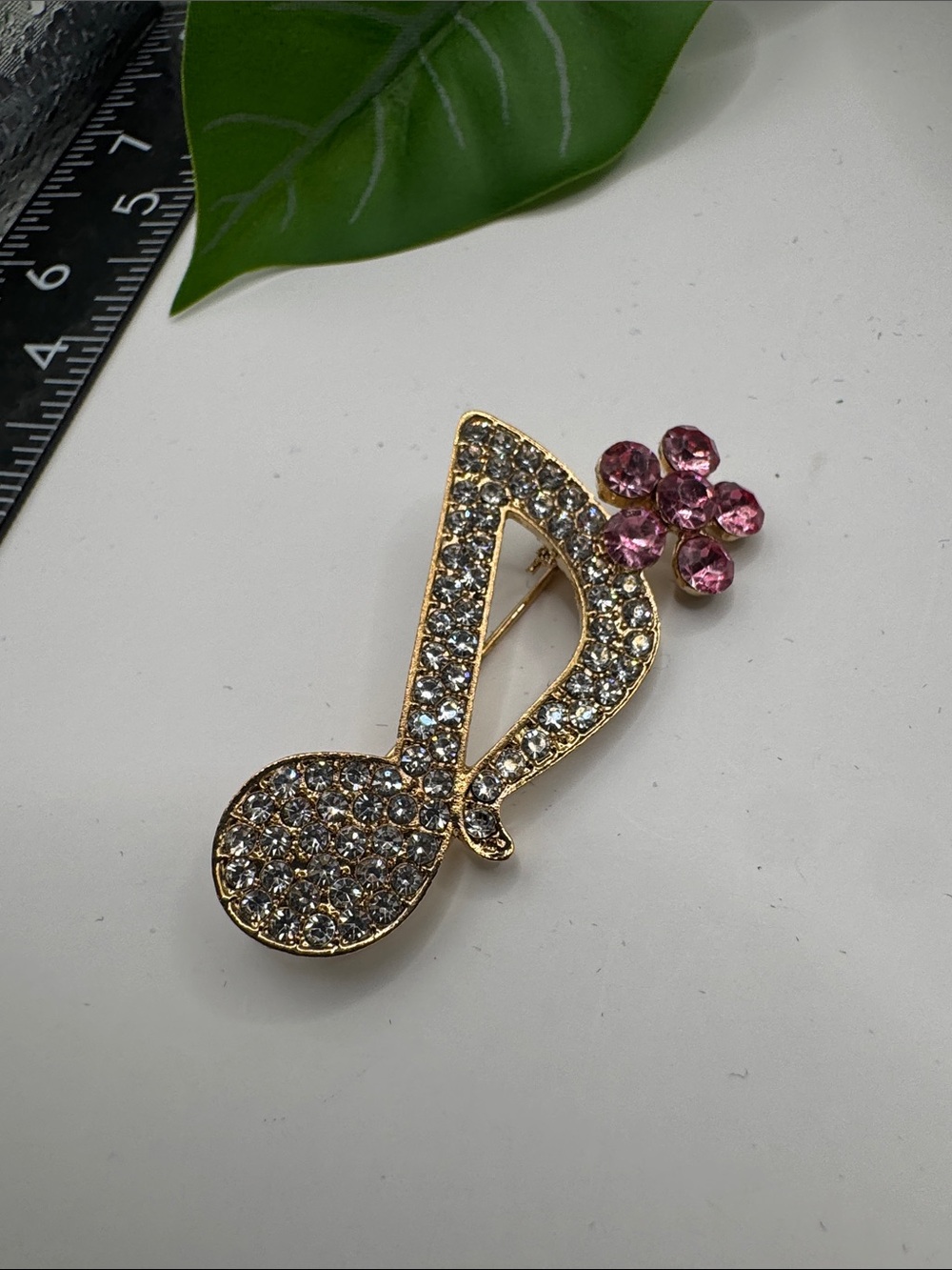 6/$25 - Rhinestone Musical Note Brooch with Pink Flower (BR-12-12/4) - Picture 4 of 6